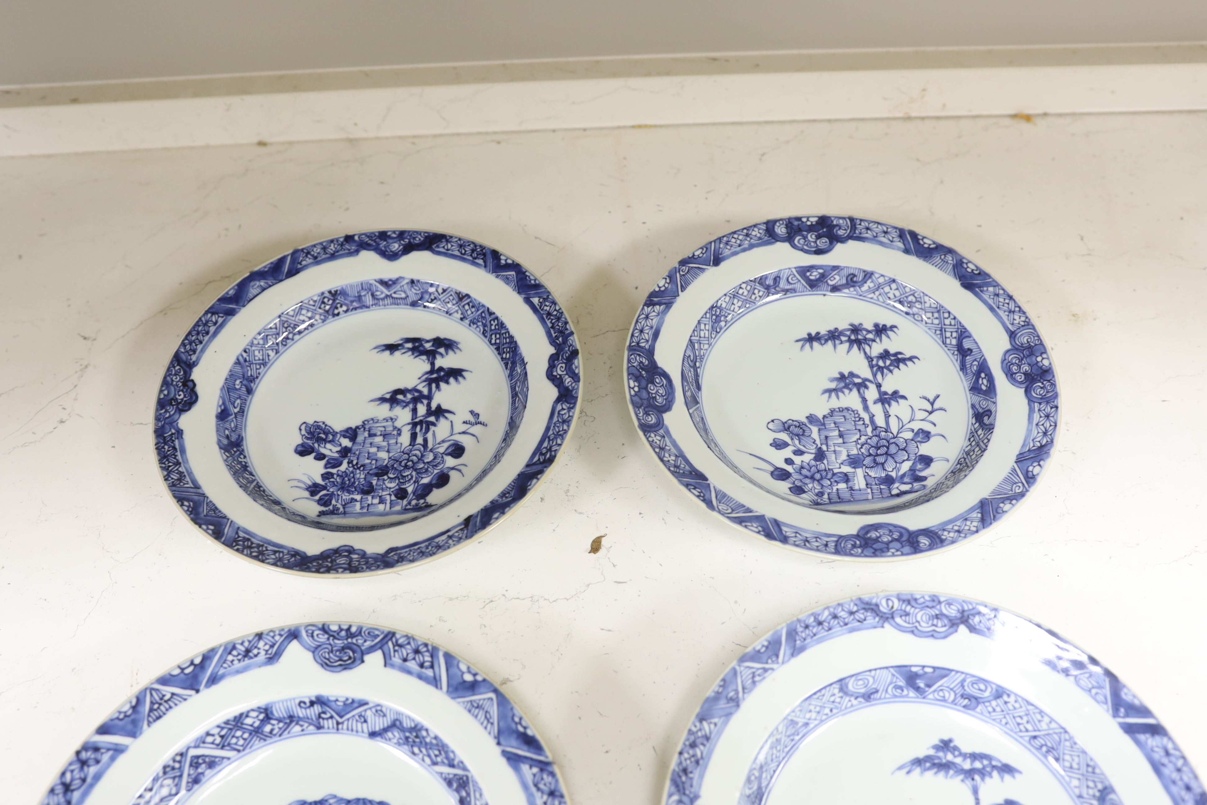 A set of six 18th century Chinese export blue and white dessert dishes, 22.5cm